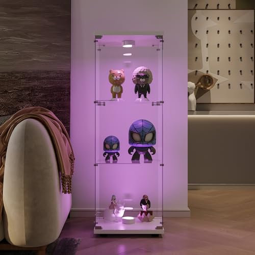 Henunem Glasvitrine Standvitrine, Modern Glas Vitrine, Vitrinenschrank mit 3 Glasböden und 1 Türen aus gehärtetem Glas, für Büro Sammlerstücke Bücher Wein (Weiß-Mit LED, 127× 44 × 14cm)