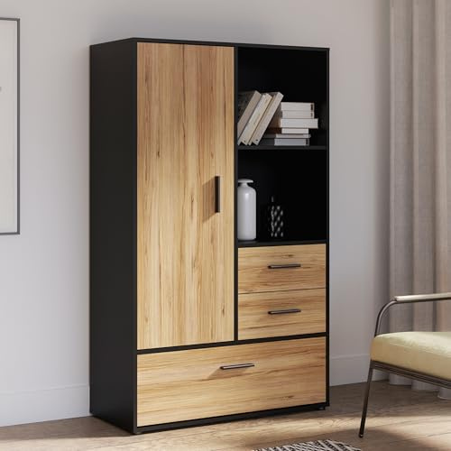Forte MOKKARO Regal L 95, Regalschrank mit offenen Fächern, 3 Schubladen, 1 Schranktür, Holzwerkstoff, Mauvella Eiche Dekor/Schwarz, 94,7 cm breit, 157,2 cm hoch, 42 cm tief