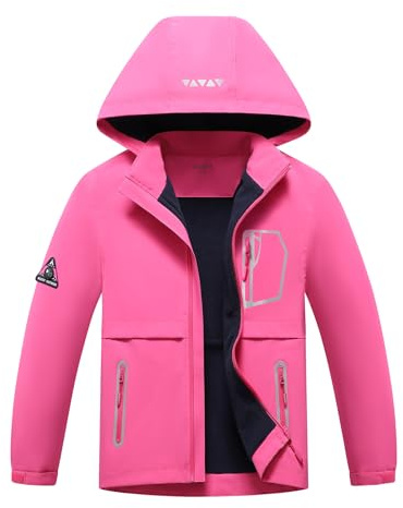 BuyiRen Boys Girls Windbreakers Jacket Rain Jackets Hooded Raincoat Fleece Lined Rain Coats for Kids, Rose, 10-11 Years