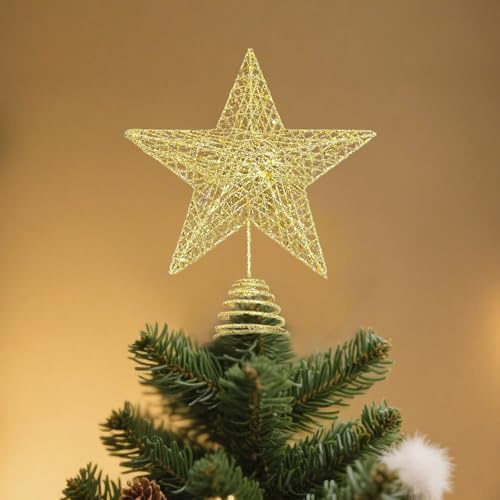 Puntale Albero di Natale Stella Oro, 20 CM Metallo Glitterato Stella Punte per Decorazioni Albero di Natale, Grande Stelle Punta Natalizio, Puntale per Albero di Natalizi Christmas Tree Topper Star