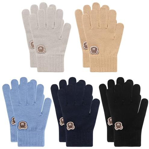 QKURT 5 paia di guanti invernali caldi per bambini con motivo a orso, guanti magici lavorati a maglia per bambini, guanto per il freddo, guanto in maglia elasticizzata, età 4-10