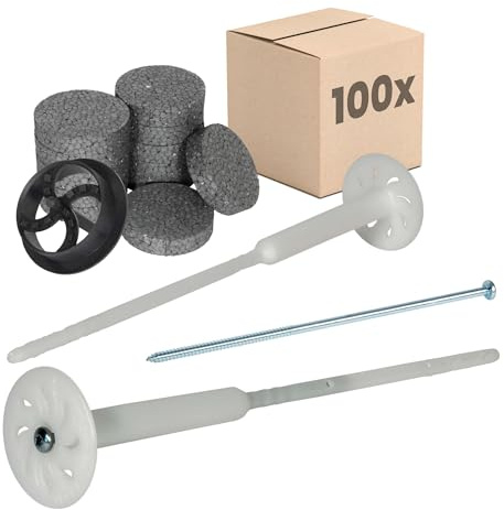 PROTEKTOR 100x Isoleringsplugg Set Ø8x340mm förmonterad (+ 200x rondelle + 1 Fräs för isoleringsplugg) för fasadisolering och isolerskivor med galvaniserad stålkruv