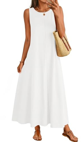 MEROKEETY Women's 2026 Summer Maxi Dress Sleeveless Crewneck Casual Loose Beach Vacation Basic Long Sundress,White,Medium