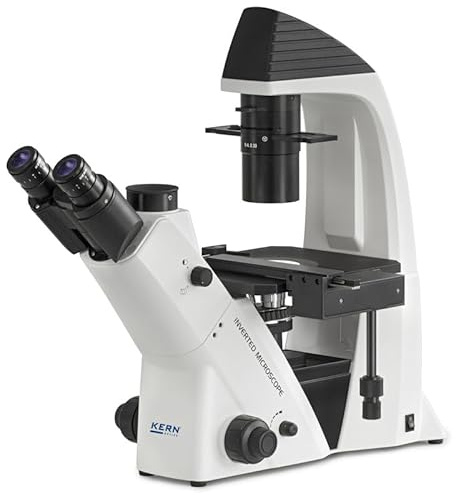 KERN OCM162 - Microscopio de luz transmitida (inversa), iluminación: LED de 5 W (luz transmisible), sistema óptico: Infinity, Tubus: Trinocular, microscopio biológico inverso de laboratorio