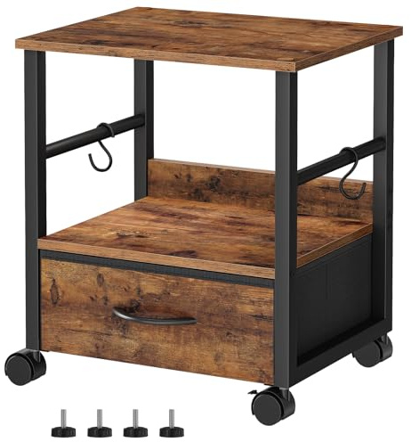 HOOBRO 2-Tier Printer Stand with Drawer, Under Desk Printer Table, Printer Cart with Storage, with Casters/Adjustable Feet, for Home Office, Study, Living Room, Rustic Brown and Black EBF20PS01