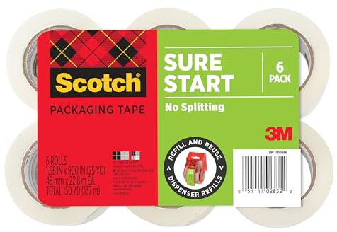 Scotch Sure Start Packing Tape, Clear, Quiet Unwind and Easy Start, 1.88 in. x 25 yd., 6 Tape Rolls, Designed for Packing, Shipping and Mailing, No Splitting or Tearing, 1.5 Core, Packaging May Vary