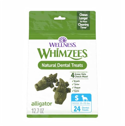 Whimzees Wellness Alligator Natural Dog Dental Treat, Chews, Freshens Breath, Small Size, 12.7 oz Bag, 24 Count