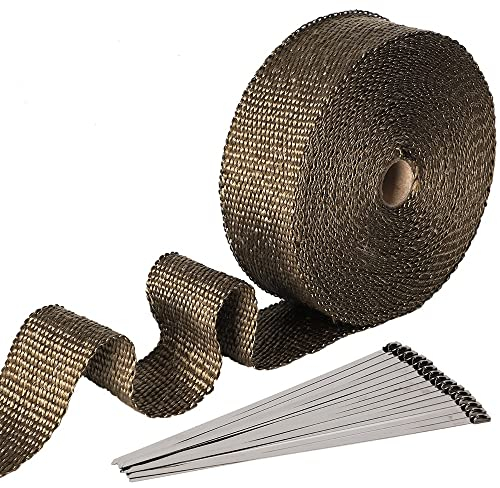Smarcy Hitzeschutzband Basaltfaser Auspuffband 15M x 50MM 15 Stück Kabelbinder, für Fächerkrümmer Thermoband Krümmerband Hitzeschutz bis 1000°C für Auto Motorrad Auspuff, Braunes Messing