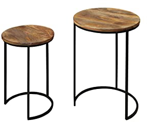 byLIVING Zweisatztisch Jaron / 2er Set / 2 runde Beistelltische/Massivholz Mangoholz Natur hell-braun/Gestell Metall schwarz/untereinander verstaubar/D 40, H 60 + D 30, H 50 cm