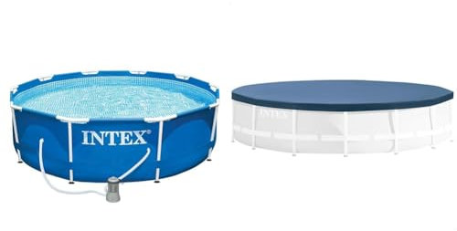 Intex 28202NP – Piscina Fuori Terra Metal Frame Rotonda, Pompa Filtro 1250 L/h, 4485 L, Acciaio e PVC, Blu, 305x76 cm & 28030 Copripiscina, Protegge dai detriti, Multicolore 305 cm