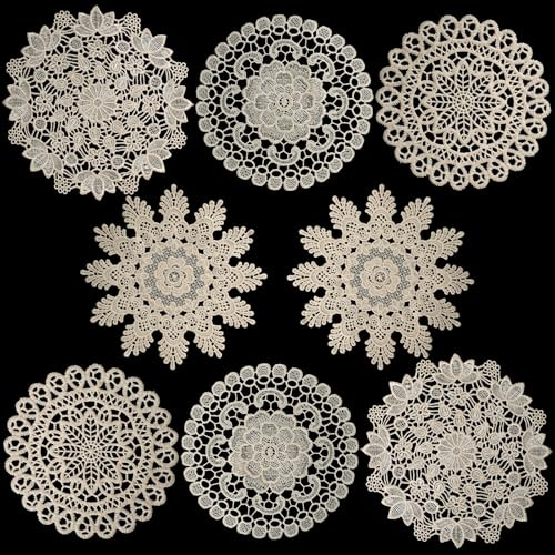 8 Pieces 6 Inch Cotton Lace Doilies Crochet Handmade Lace Coasters Round Lace Placemat Rustic Table Doilies Decors for Kitchen Dining Room Party Dressers Dream Catcher Decoration (Beige)
