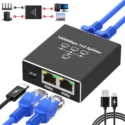 Ethernet Splitter 1 to 3, Gigabit Ethernet Switch, 1000Mbps RJ45 LAN Internet Splitter with USB-C Power Cable for Computer, Hub, Switch, Router, ADSL, Digital TV, etc Working Simultaneously