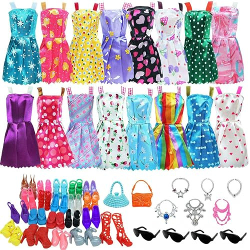 BODYA Lot de 32 accessoires pour poupée Barbie - Robes - Chaussures - Lunettes de soleil - Cadeau pour fille