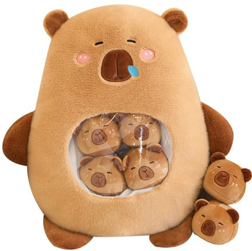 Aiuidun Capybara Plush with 6 Cute Babies Stuffed Animals,a Bag of Capybara Animal Snack Pillow,Super Soft Plushie Doll Pillow for Baby Boys Girls Toys(Brown)