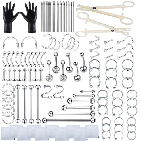 HOINCO 124 Pcs Body Piercing Kit pour Ponction Naso - Abdominale et Linguale Complète Avec Aiguille de Ponction 12G 14g 16g 18g 20g. (Acier inoxydable)