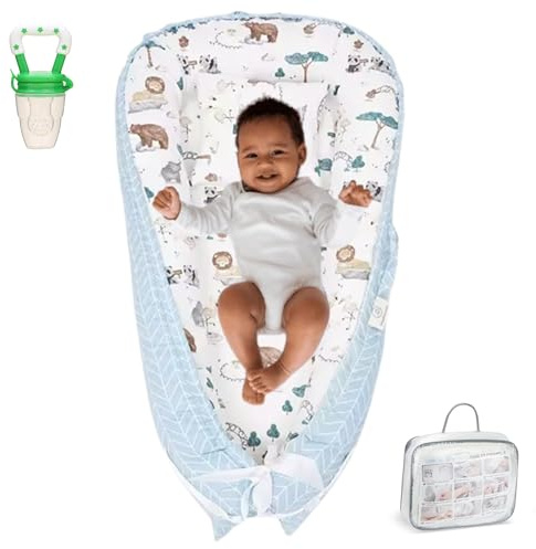 Baby Lounger 0-24 Months | Adjustable Baby Lounger for Newborn | Breathable Organic Cotton Infant Lounger Cover | Reversible Design, Portable Baby Nest Lounger | Includes Baby Bib | Elephant