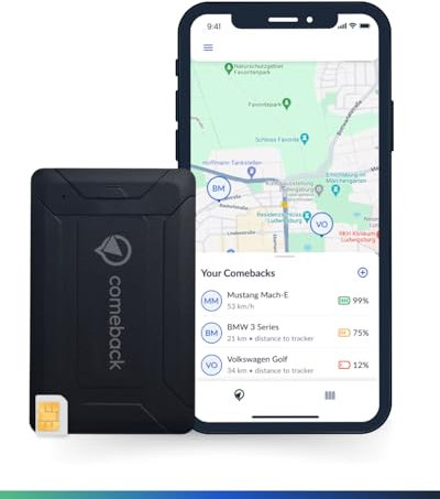 Comeback 4G GPS Tracker sans abonnement avec Carte SIM, Suivi en Direct pour Voiture, Moto et Camping-Car Magnétique/Montage Suivi en Direct Application Android et iOS Temps réel et géorepérage