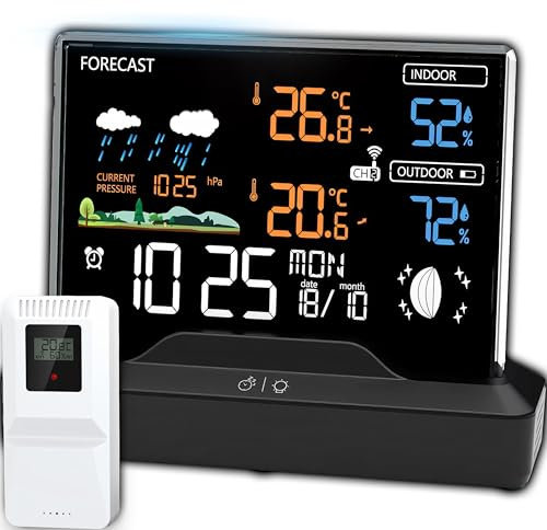 Retoo Wetterstation Funk mit Außensensor Funkwetterstation mit Wettervorhersage Innen und Außen Thermometer Hygrometer Barometer Luftfeuchtigkeit Funkuhr Sensor Reichweite 80m LCD Display Schwarz