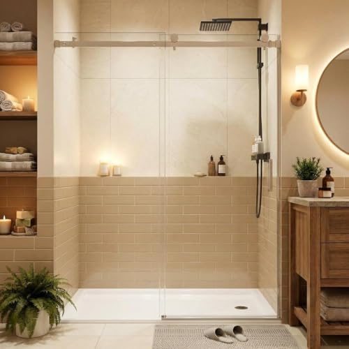 Sliding Shower Door, 56-60 W x 76 H Frameless Design, 5/16 Clear Tempered Glass with Explosion-Proof Film, Brushed Nickel Finish, Includes Handle and Seal Strip