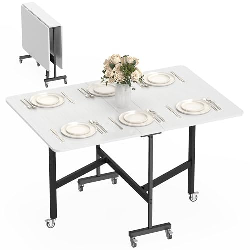 HOMCOM Tavolo da Pranzo Pieghevole, Tavolo Cucina a Ribalta con Ruote a Freno per 4-6 Persone, Scrivania Richiudibile con Struttura in Acciaio, per Soggiorno, 120x80x73 cm, Bianco Effetto Legno