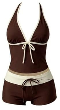 Y2k Vintage 2-delad Bikiniset Coquette Halter Tankini Topp med Shorts för Kvinnor, Kaffe, XL