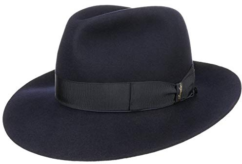 Borsalino Breitrand Bogarthut Haarfilzhut Filzhut Herrenhut Damen/Herren - Made in Italy Bogart Hut mit Futter, Ripsband Herbst Frühjahr Winter Sommer Frühling-Sommer Herbst-Winter - 56 cm blau