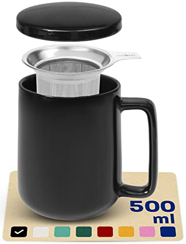 Cosumy Taza de Te con Filtro y Tapa 500ml - Ceramica - Mantiene Caliente la Infusion - Apta para Lavavajillas (Negro)