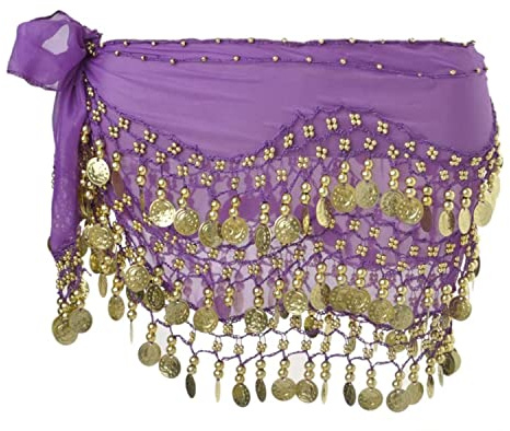 SamHeng Bufanda de cadera para danza del vientre, falda de danza del vientre bufandas de cadera con 128 monedas de oro colgantes para disfraz de actuación clase de Yoga de danza del vientre