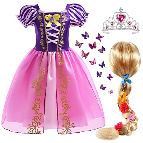 Tacobear Robe Fille Déguisement Princesse Robe Costume avec Perruque Couronne pour Anniversaire Fête Cosplay Halloween Noël Partie Carnaval (140)