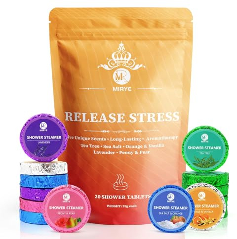 MR MIRYE Shower Steamers Aromatherapy for Women and Men, 20-Pack Organic Shower Bombs with Essential Oil, Tea Tree, Orange & Vanilla, Sea Salt, Lavender, Peony & Pear Mothers Day Gifts