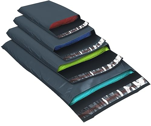 100x Grey Mailing Bags - Mixed Sizes, 100% Recyclable Parcel Bags, Self-Seal Postage Bags for Clothes - Strong & Sealable Plastic Envelopes, Ideal for Large to Small Postal Packing Shipping Posting