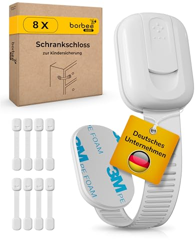 borbee - 8er Set Möbel Kindersicherung für Schrank & Schubladen (verstellbar) Extra starker Halt - Baby & Kinder Schranksicherung/Schrankschloss für Schranktüren - Schubladensicherung für Kommode
