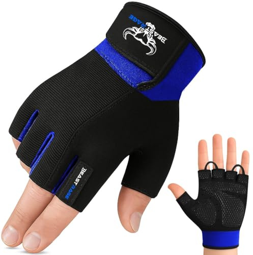 BEAST RAGE Gym Gloves Weight lifting Gloves Training Anti Slip Padded Palm Half Finger Powerlifting Workout Exercise Gloves for Men and Women (Blue, M)