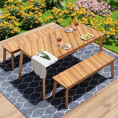 Voykuy Outdoor Bench Dining Table Set - 3-Piece Outdoor Wood Table Bench Dining Set Bar Set for Outdoor & Indoor Furniture with 2 Benches, Picnic Beer Table for Patio, Porch, Garden, Poolside