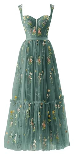 Robe de bal en tulle pour femme - Robe de bal - Corset - Bretelles spaghetti longues - Fée - Robe de soirée formelle, vert foncé, 36