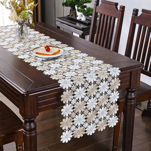 Runner da Tavola in Pizzo Elegante - Decorazione per Matrimoni, Festival, Casa - 40x120 cm, Misto Bianca e Marrone