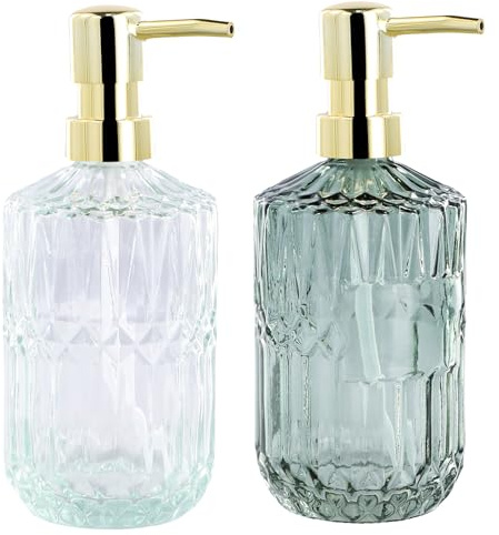 Volumoon Seifenspender Set, 2 Stück Seifenspender Glas, Nachfüllbarer Pumpspender, Elegantes Design, für Geschirrspülmittel, Shampoo-Lotion, Badezimmerarbeitsplatte, Küche, Waschküche