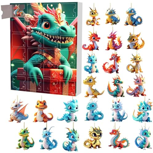Adventskalender 2024 Dinosaurier Kinder, Drachen Adventskalender 2024, 24 Tage Countdown Bis Weihnachten, Countdown Kalender Mit 2D Dinosaurier Anhänger Für Weihnachtsgeschenke