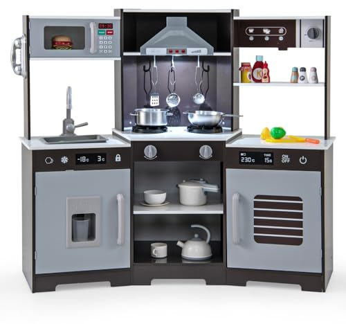 RELAX4LIFE Cucina Giocattolo per Bambini in Legno, Set da Cucina con Microonde, Fornello, Macchina per il Ghiaccio Utensili, Effetti Luminosi e Sonori, per Bambini di 3+ Anni (Marrone)