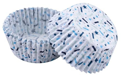 Tasty 50 pirottini di carta Sprinkles, perfetti per muffin e cupcake, resistenti al calore, grasso, design moderno con stelle e spruzzi blu, bianco/blu