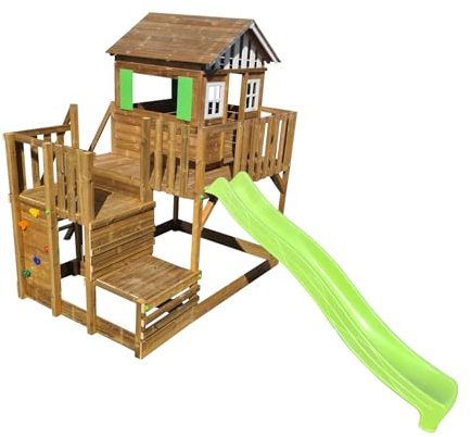 | MASGAMES | Parco giochi Siracusa XL | Uso domestico | Ancoraggi inclusi | Legno trattato Autoclave IV | Casetta rialzata con scivolo | Parete da arrampicata | Sabbia |
