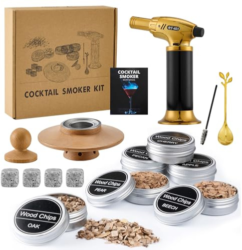 Jettory Cocktail Smoker Set – Rökare för Whisky med 6 Träsorter, Brännare och 4 Granit Whisky Stenar – Kit för Att Röka Cocktail & Sprit – Utan Butan | Födelsedagspresent till män, whiskypresentset, cocktailtillbehör, bourbon, gammaldags mode, husbar, utan butangas