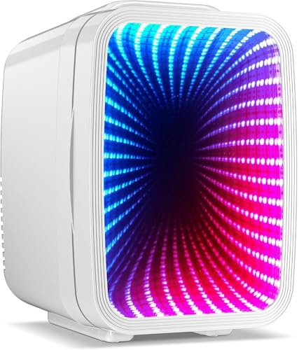 LIGIANT MF01C Mini Fridge, 7 Light Modes Including Flashing Marquee, Quiet Cooling & Warming Function, AC/DC Power, 4 L/6 Cans Capacity, Small Refrigerator for Gaming Room, Bedroom, Office and Car