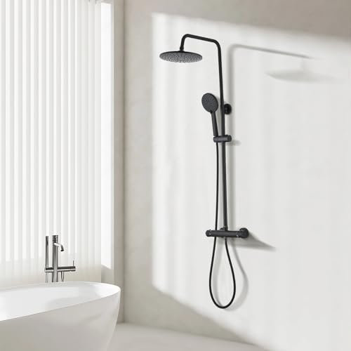 Thermostatische Duschsäule Duschsäule 38°C Duschsäule Duschsystem mit rundem ABS Duschkopf Höhenverstellbar Regendusche Schwarz