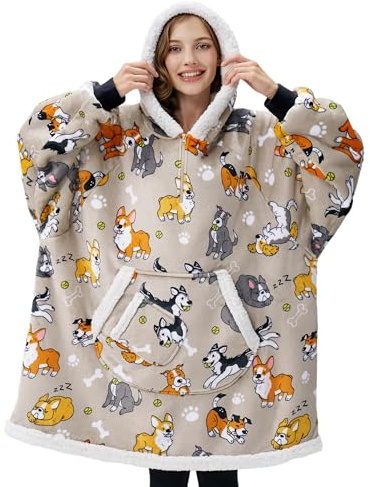 Giggling Getup Bärbar filt huvtröja för kvinnor män gåvor för tonårstjejer syster sherpa fleece filt sweatshirt varm mysig sherpa bärbart överkast med gigantisk ficka och ärmar för vuxen grå hund