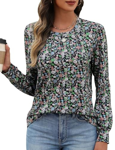 PASUDA Maglietta Donna Maniche Lunghe Cotone T-Shirt Elegante Camicia con Girocollo Stampa Tee Magliette Casual Moda Shirt Blusa Tee Tops(Fiori Verde Militare,XXL)