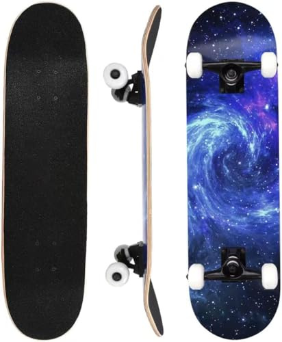 ERNAN Komplett skateboard för nybörjare, 79 x 20 cm dubbel kick-skateboard för barn, tonåringar och vuxna. Med Skate T-verktyg. (Blå nebula)