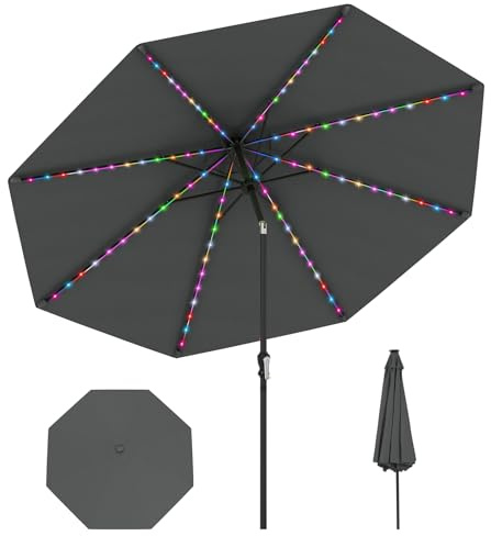 COSTWAY Parasoll 270/300 cm med LED-solbelysning, trädgårdsparaply med vev, böjbar på båda sidor 30°, terrassskärm med 6 ribbor, marknadsparaply för trädgård, balkong, terrass