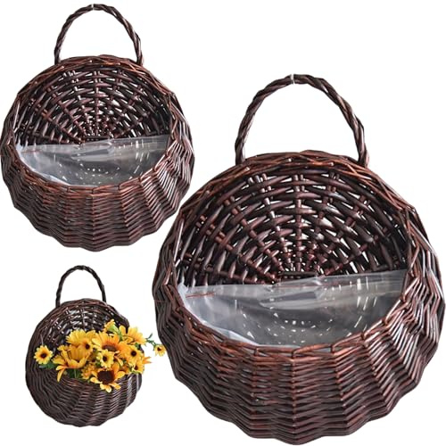 Takingup 2 cestas Colgantes Vintage de ratán Natural, Cesta de Almacenamiento para Plantas de Montaje en Pared, Maceta para el hogar, jardín, Interior, marrón Oscuro y macetero de ratán