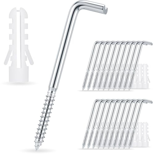 20 set med hörnskruvkrokar M6 x 80 mm med hög lastkapacitet | silverkrok väggmonterad L-skruv med krokskruv, för förvaring och upphängning av verktyg i garage, kök